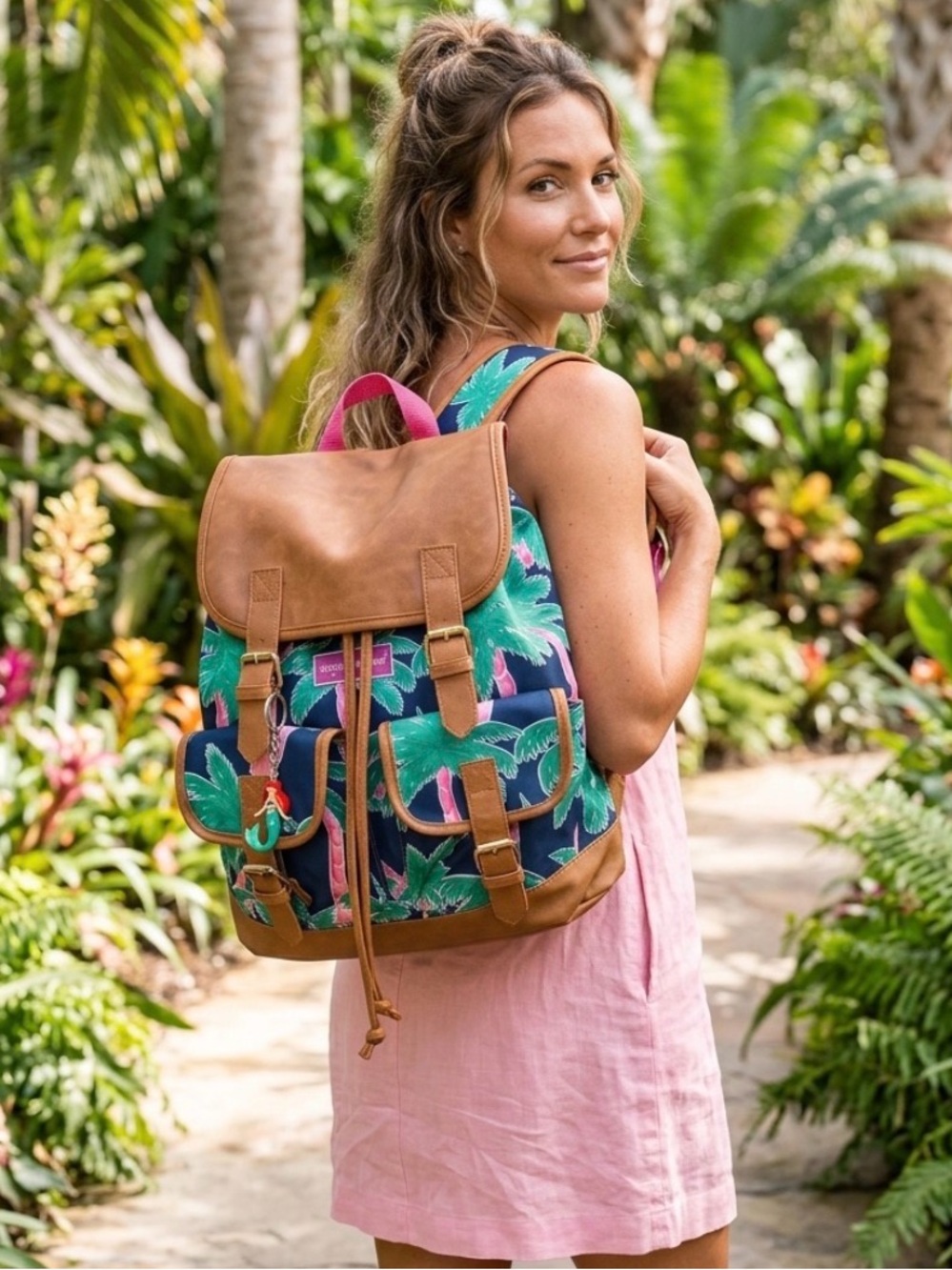 Simply Southern Tropical Navy Backpack with Tan Trim and Pink Accents EUC